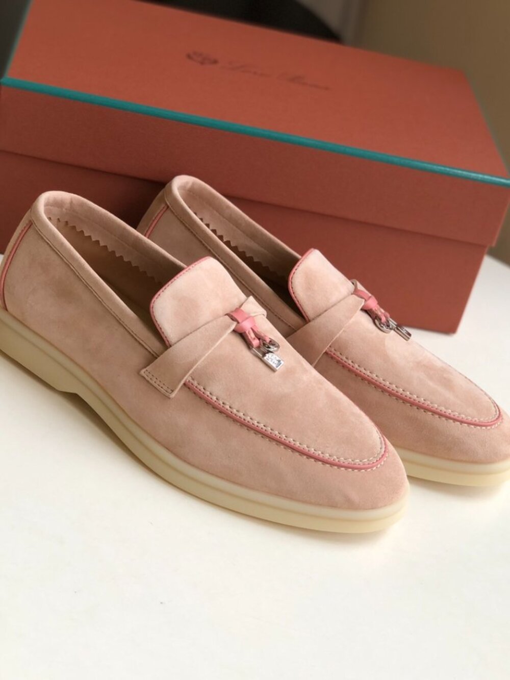 Loro Piana Sand Pink Stitched Loafers - Picture 4 of 8